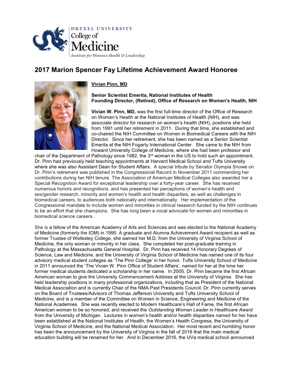 2017 Marion Spencer Fay Lifetime Achievement Award Honoree