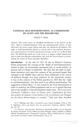 NATIONAL SELF-DETERMINATION, AS UNDERSTOOD by LENIN and the BOLSHEVIKS Rudolf A