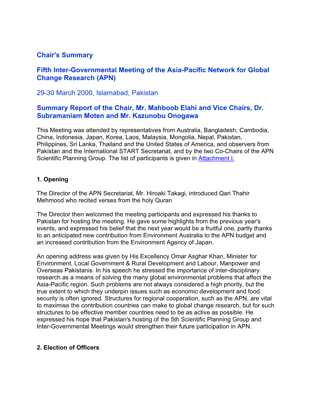 Chair's Summary Fifth Inter-Governmental Meeting of the Asia-Pacific Network for Global Change Research (APN) 29-30 March 2000