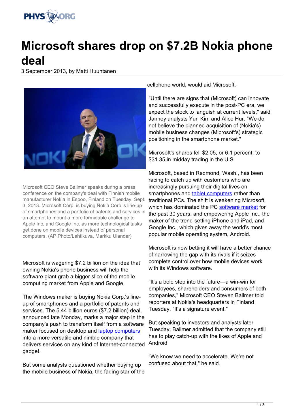 Microsoft Shares Drop on $7.2B Nokia Phone Deal 3 September 2013, by Matti Huuhtanen