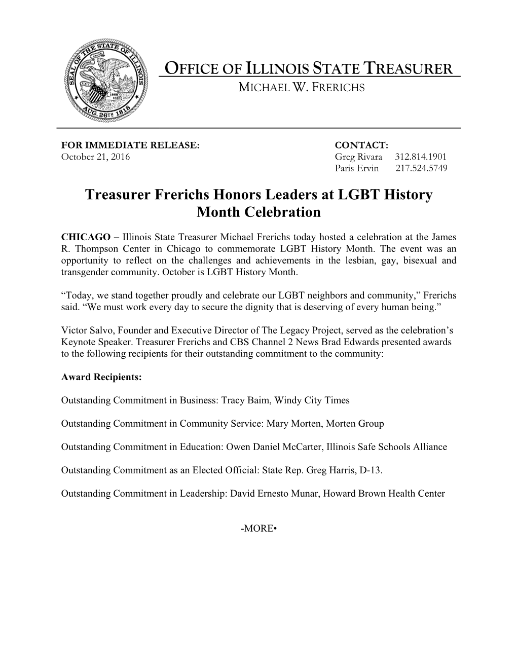 Treasurer Frerichs Honors Leaders at LGBT History Month Celebration