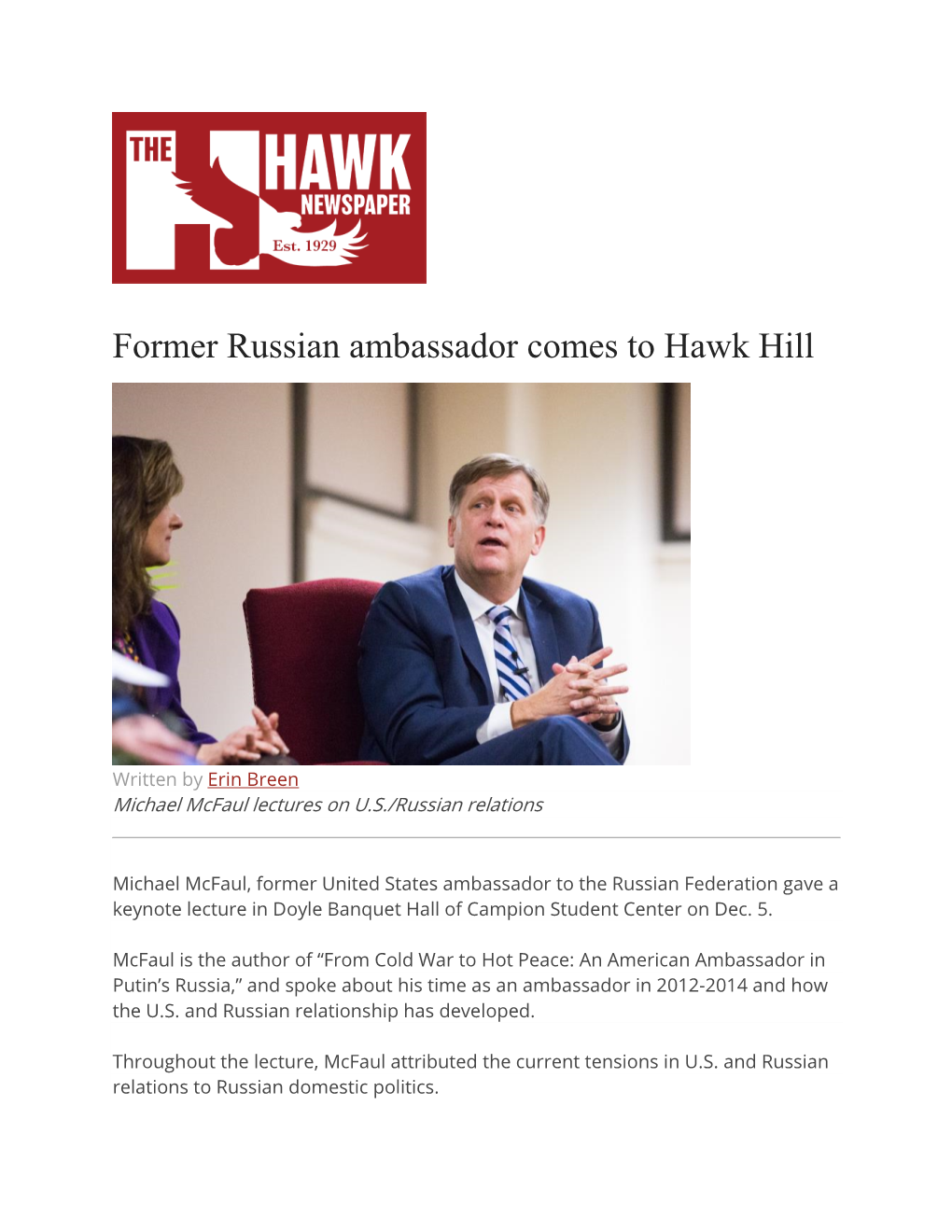 Former Russian Ambassador Comes to Hawk Hill