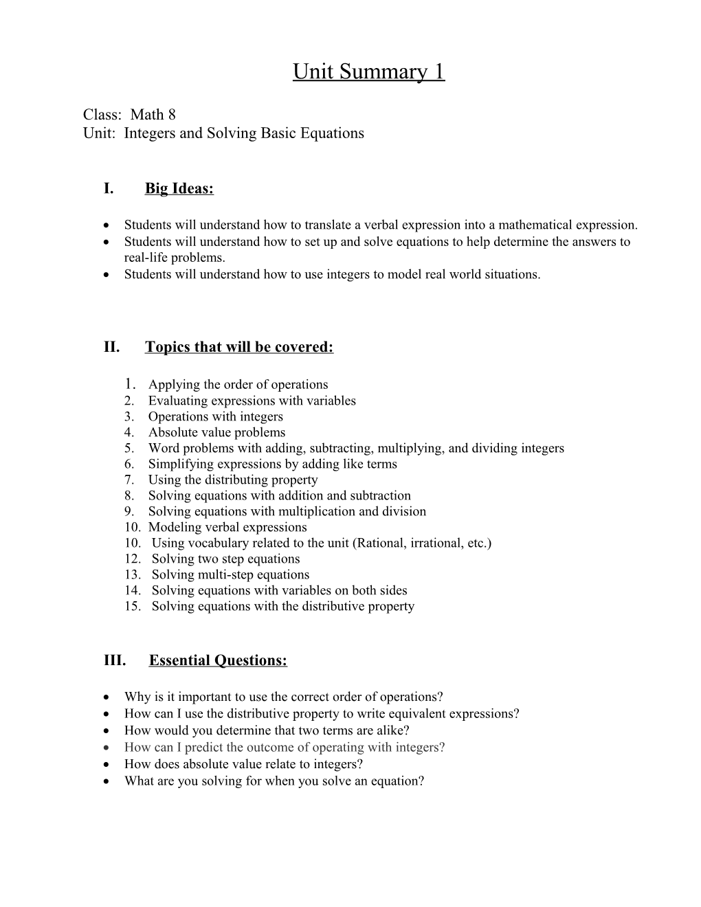 Unit: Integers and Solving Basic Equations