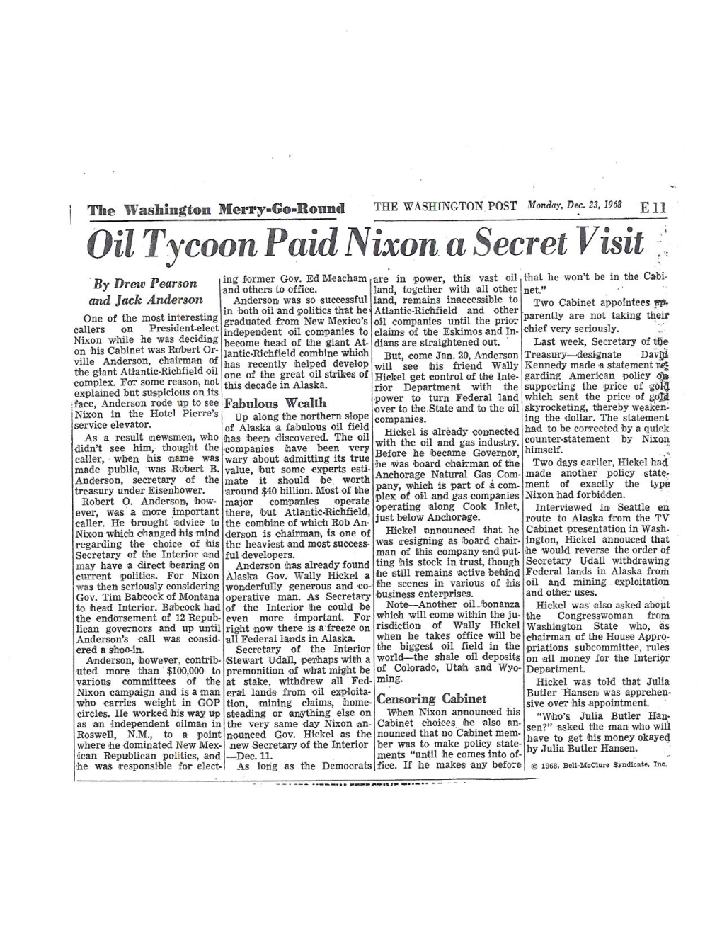 Oil Tycoon Paid Nixon. a Secret Visit Ing Former Gov
