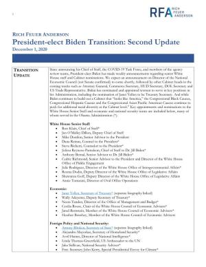 President-Elect Biden Transition: Second Update December 1, 2020