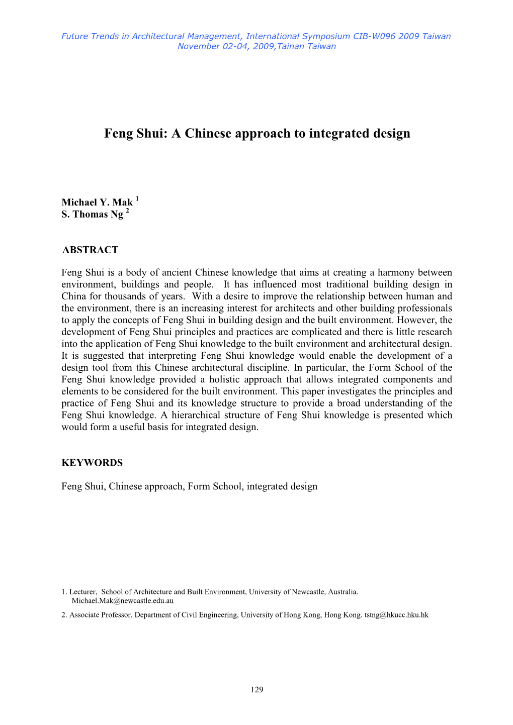 Feng Shui: a Chinese Approach to Integrated Design