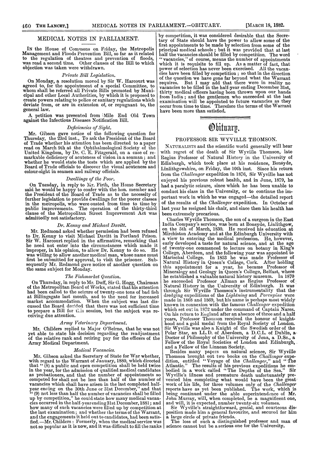 Obituary. Thursday, the 23Rd Inst., to Ask the President of the Board PROFESSOR SIR WYVILLE THOMSON