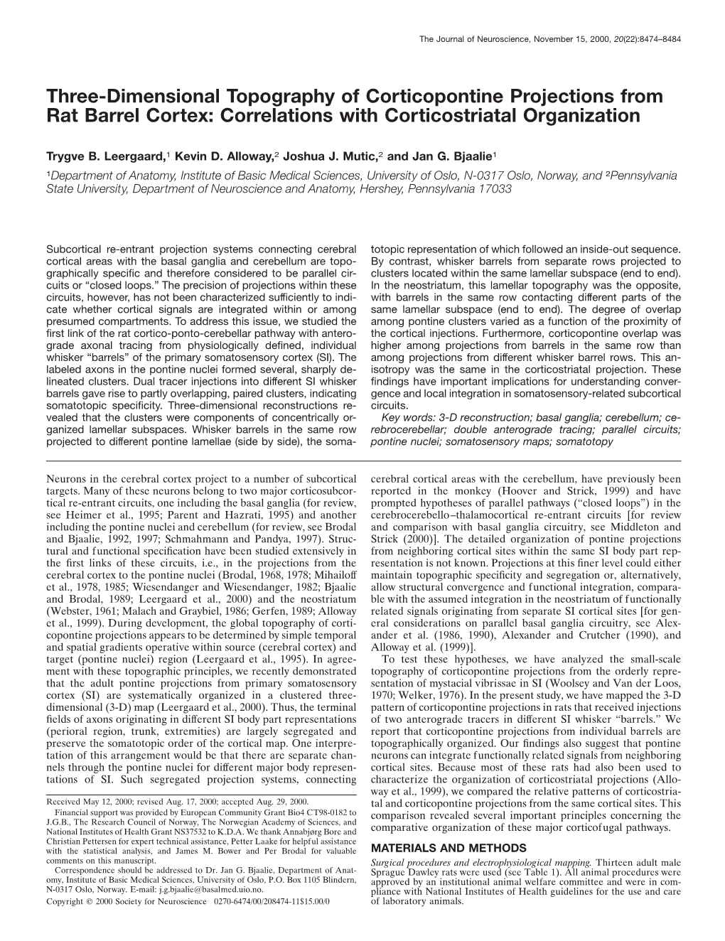 Three-Dimensional Topography of Corticopontine Projections from Rat Barrel Cortex: Correlations with Corticostriatal Organization