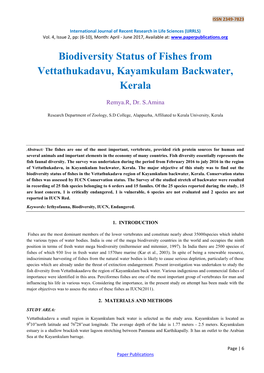 Biodiversity Status of Fishes from Vettathukadavu, Kayamkulam Backwater, Kerala