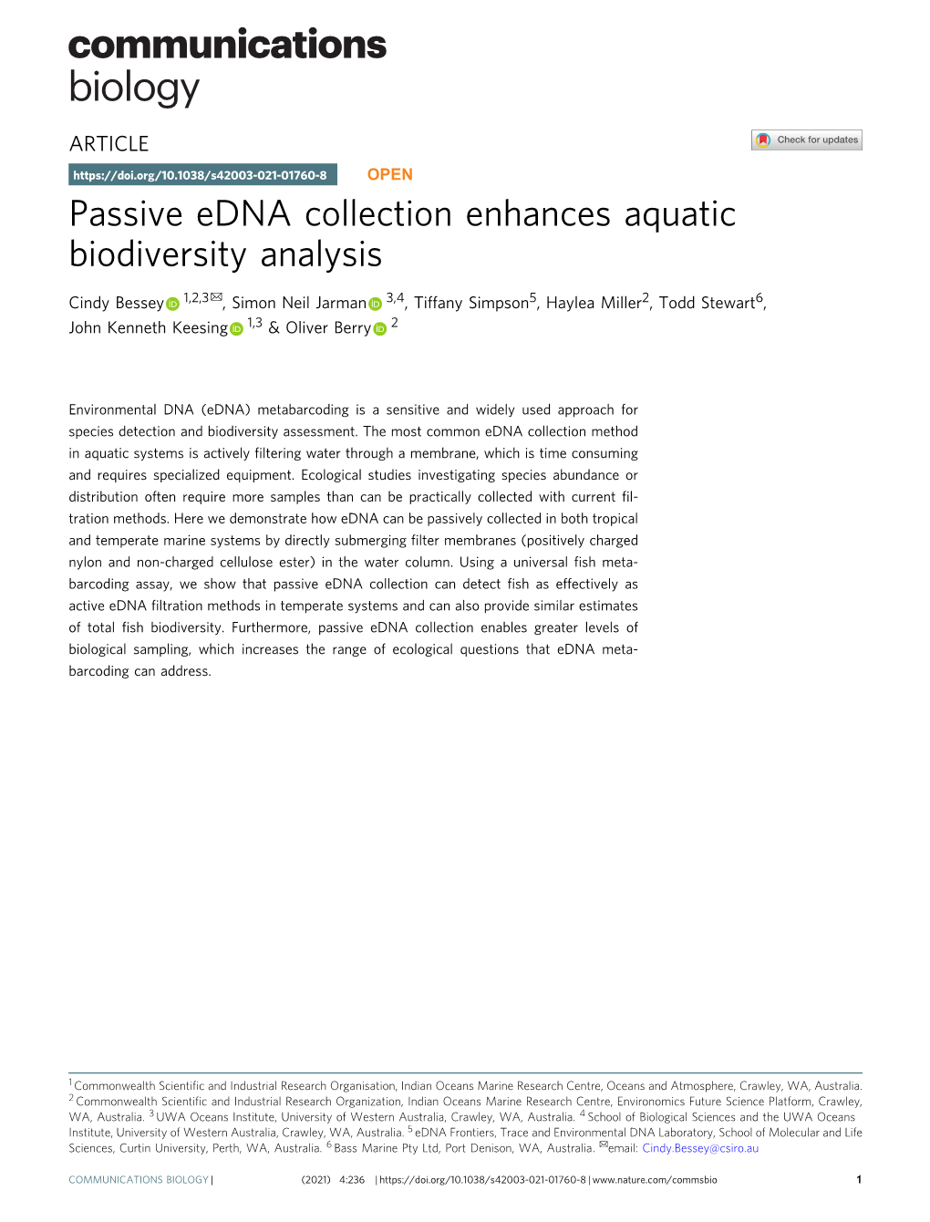 Passive Edna Collection Enhances Aquatic Biodiversity Analysis