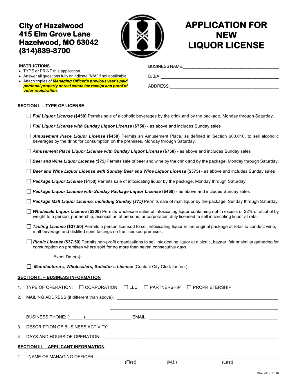 Application for New Liquor License