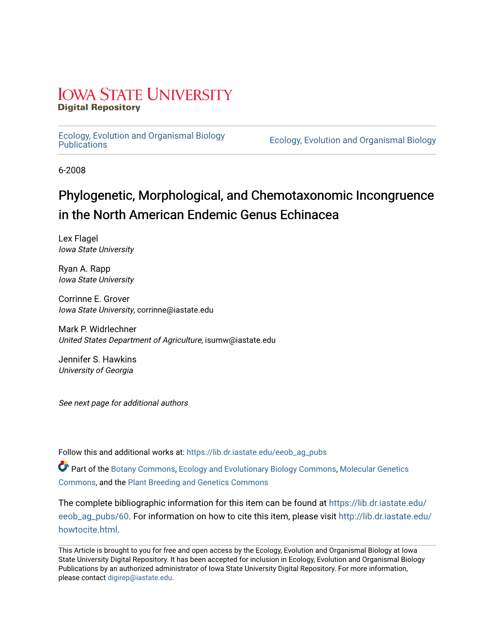 Phylogenetic, Morphological, and Chemotaxonomic Incongruence in the North American Endemic Genus Echinacea