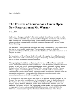 The Trustees of Reservations Aim to Open New Reservation at Mt. Warner