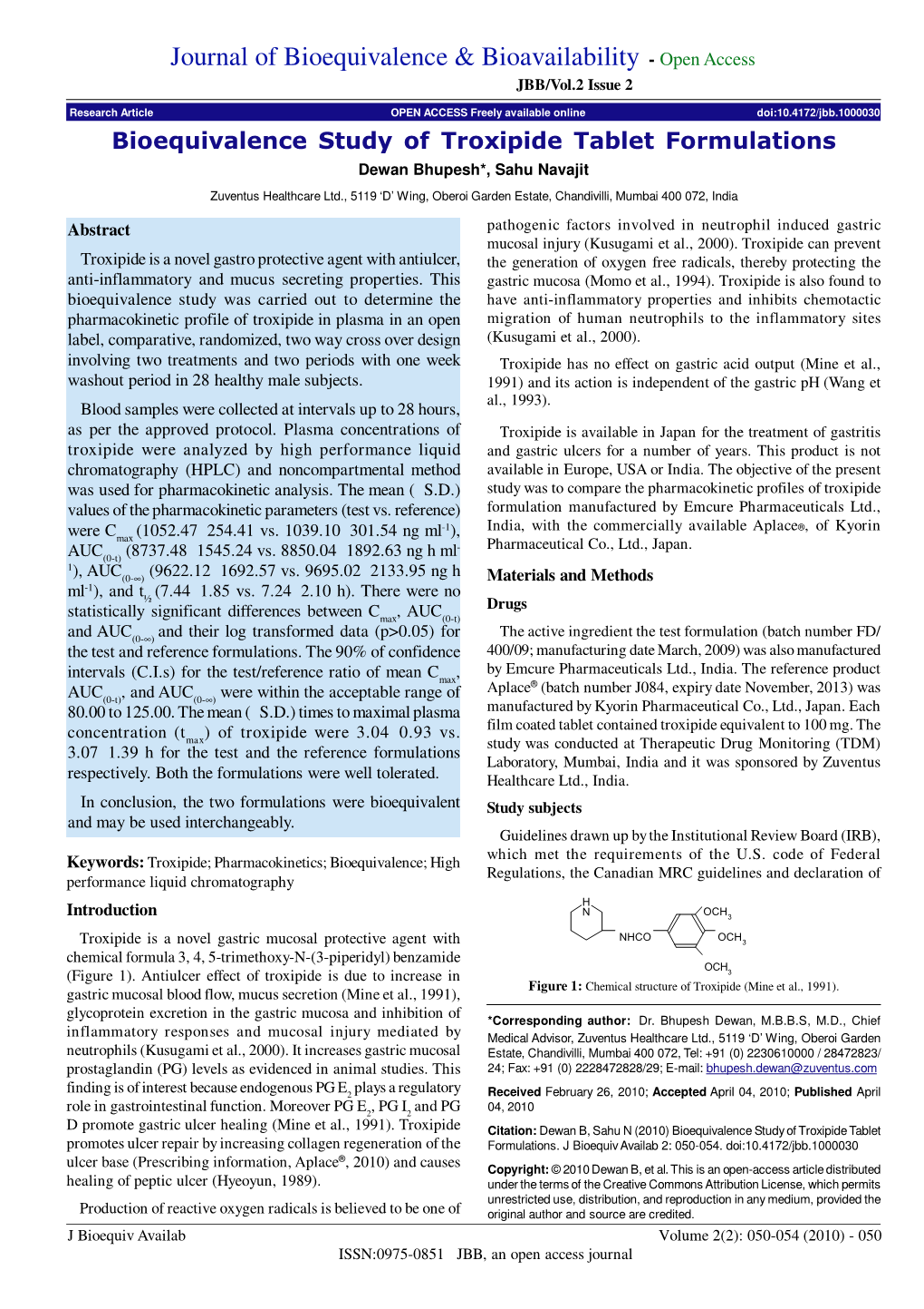 Bioequivalence Study of Troxipide Tablet Formulations