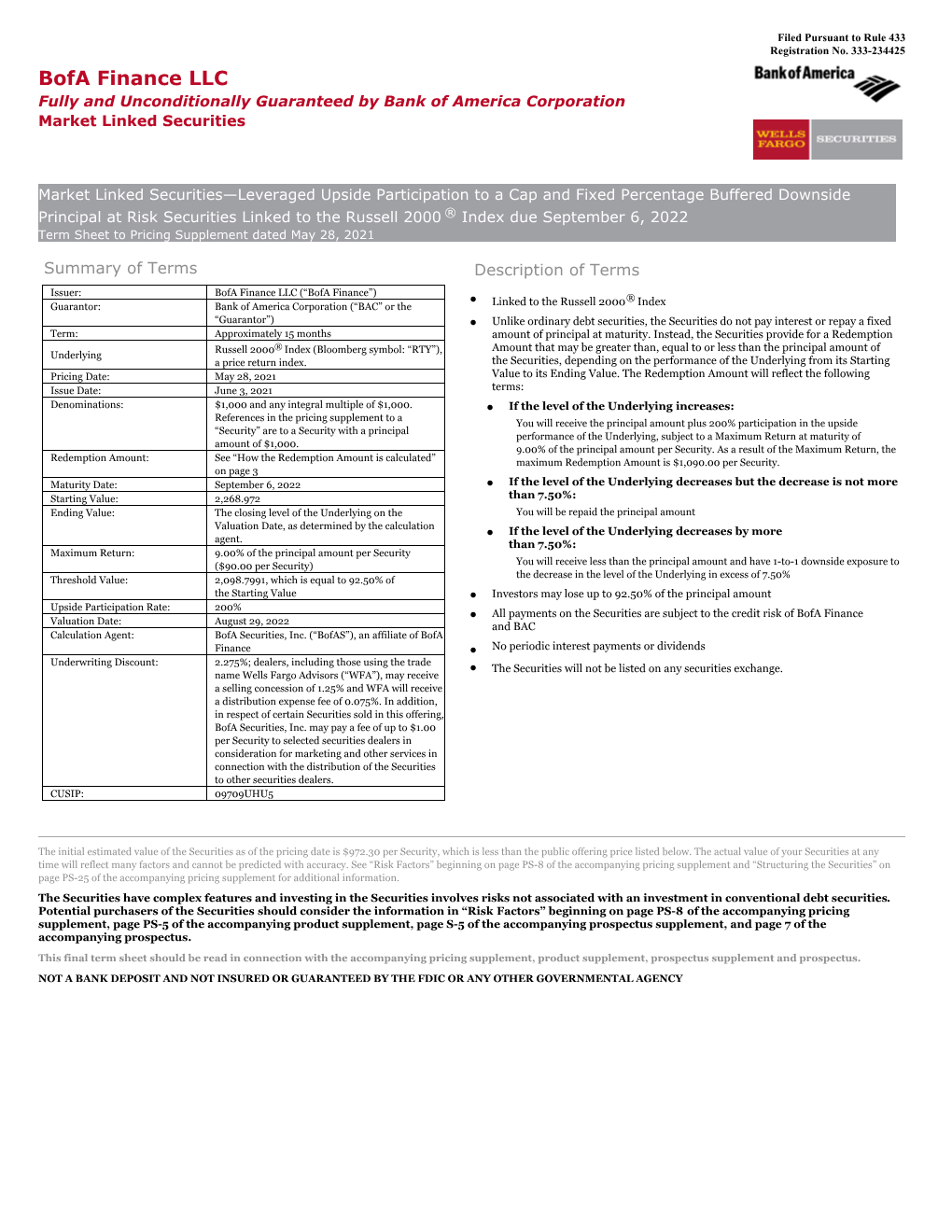 Bofa Finance LLC Fully and Unconditionally Guaranteed by Bank of America Corporation Market Linked Securities