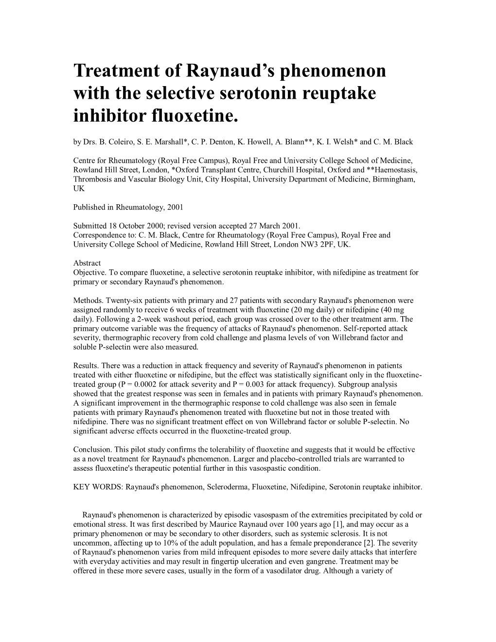 Treatment of Raynaud's Phenomenon with the Selective Serotonin