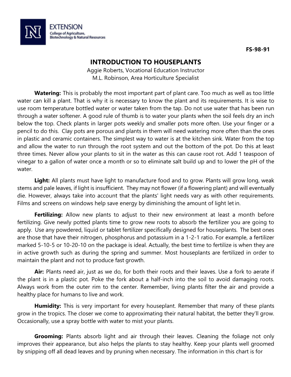 INTRODUCTION to HOUSEPLANTS Aggie Roberts, Vocational Education Instructor M.L