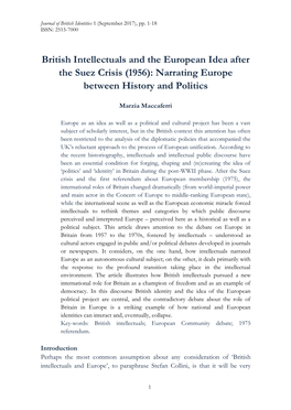 British Intellectuals and the European Idea After the Suez Crisis (1956): Narrating Europe Between History and Politics