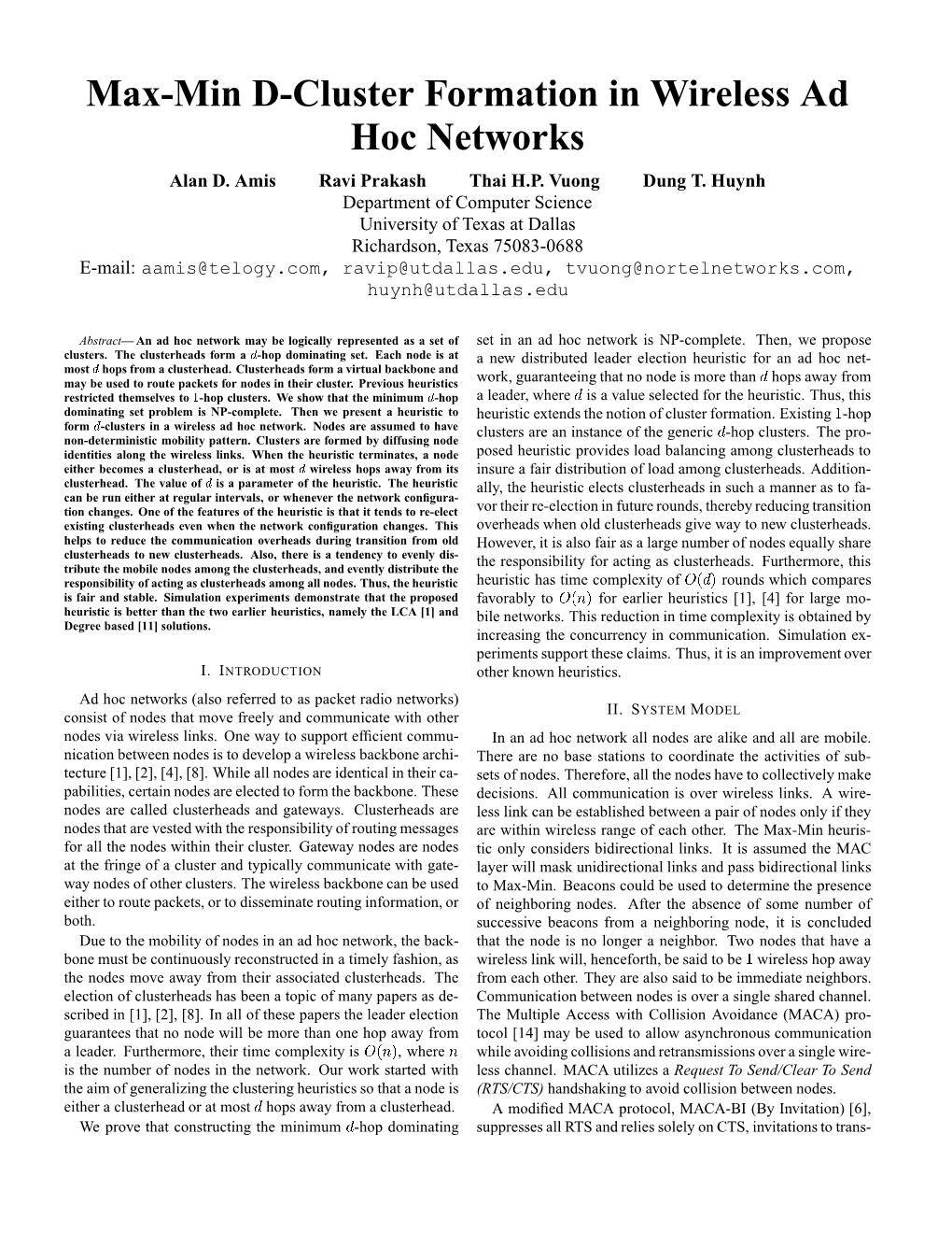 Max-Min D-Cluster Formation in Wireless Ad Hoc Networks Alan D