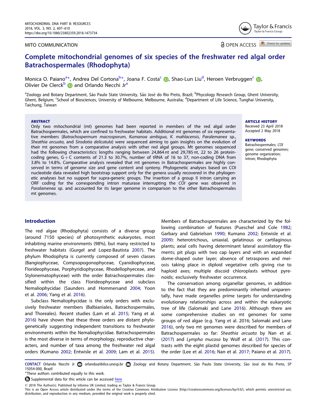 Complete Mitochondrial Genomes of Six Species of the Freshwater Red Algal Order Batrachospermales (Rhodophyta)