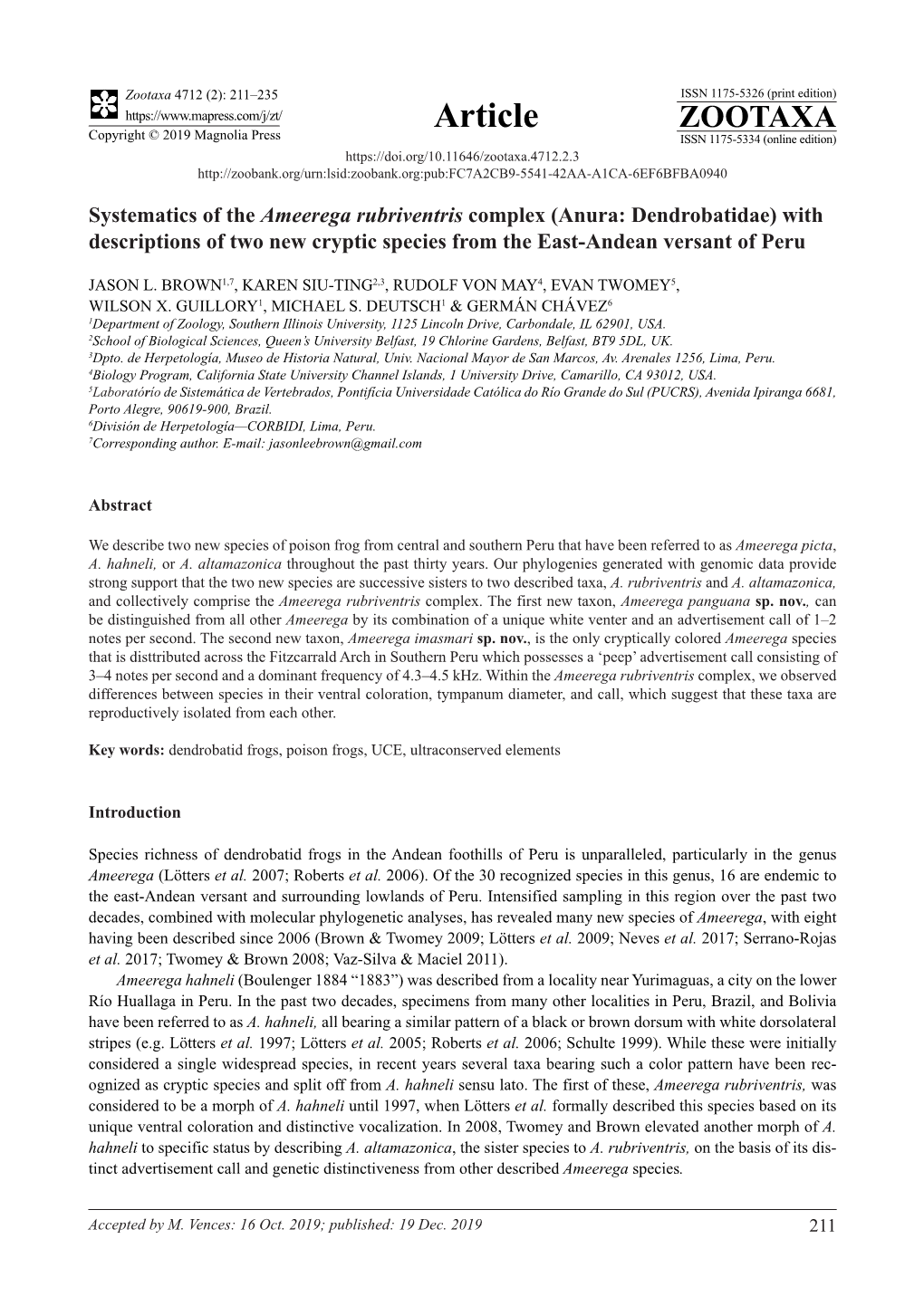 Systematics of the Ameerega Rubriventris Complex (Anura: Dendrobatidae) with Descriptions of Two New Cryptic Species from the East-Andean Versant of Peru