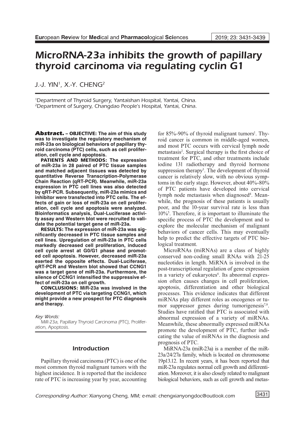 Microrna-23A Inhibits the Growth of Papillary Thyroid Carcinoma Via Regulating Cyclin G1