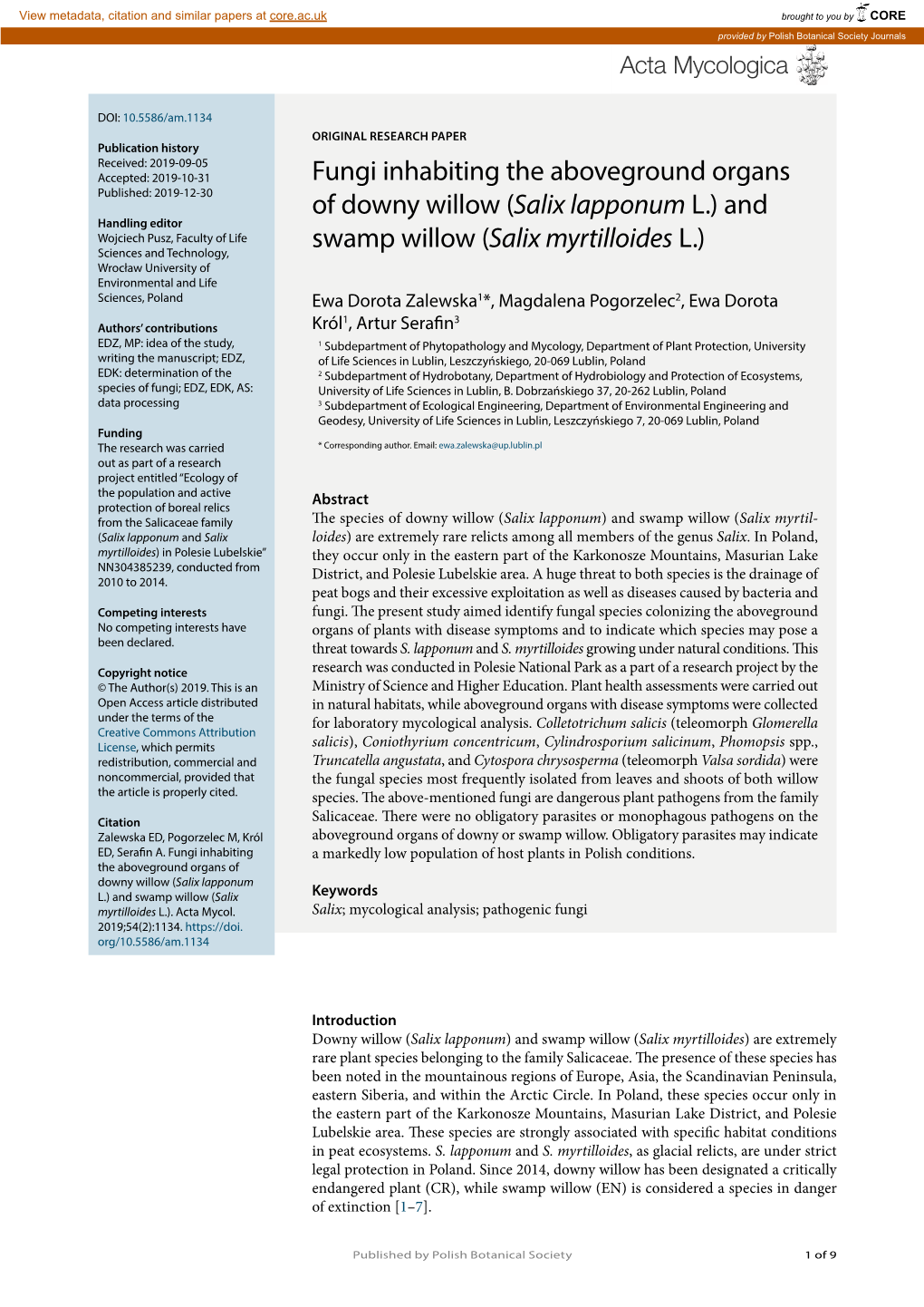 Fungi Inhabiting the Aboveground Organs of Downy Willow