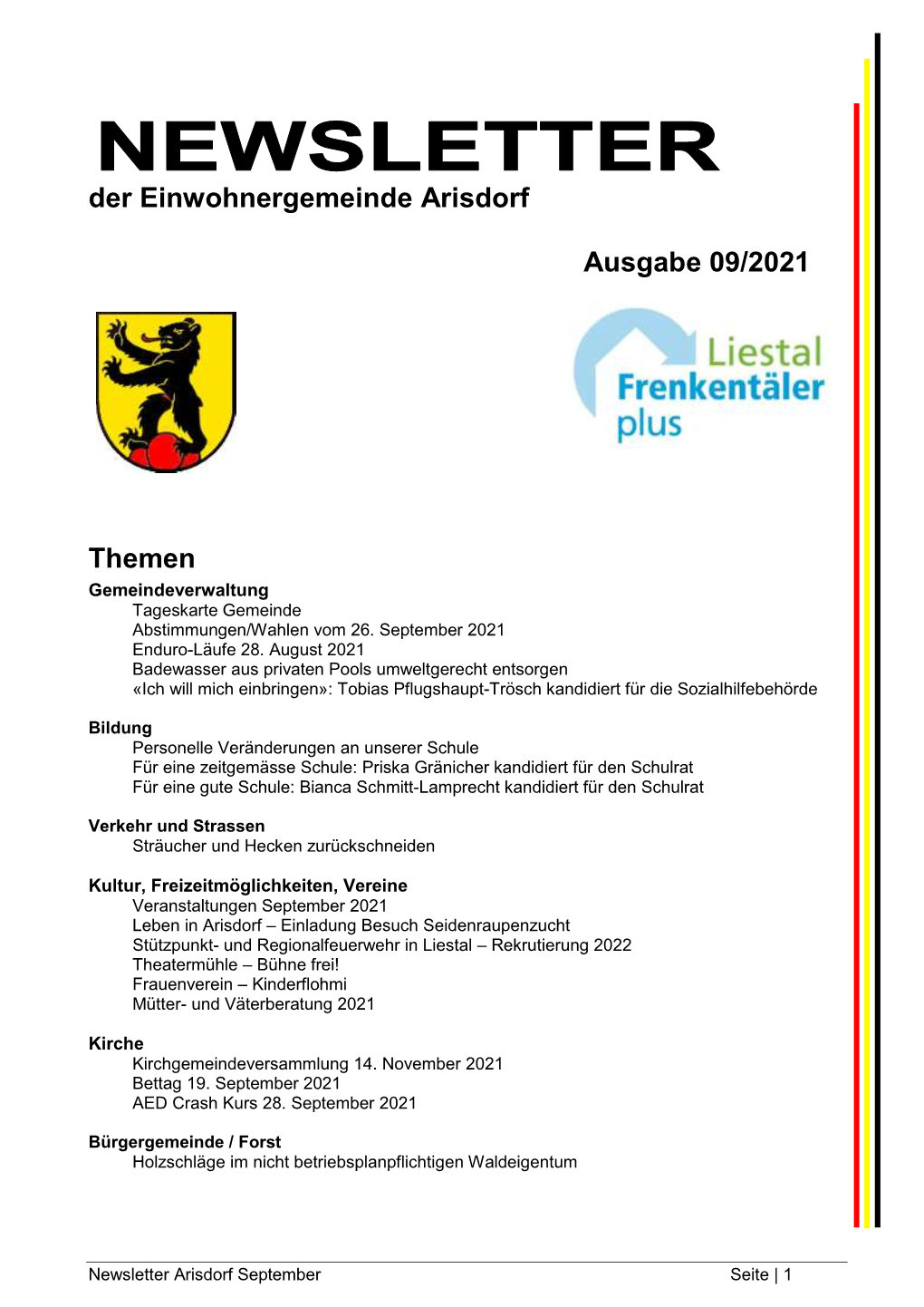 Der Einwohnergemeinde Arisdorf Ausgabe 06/2021 Themen