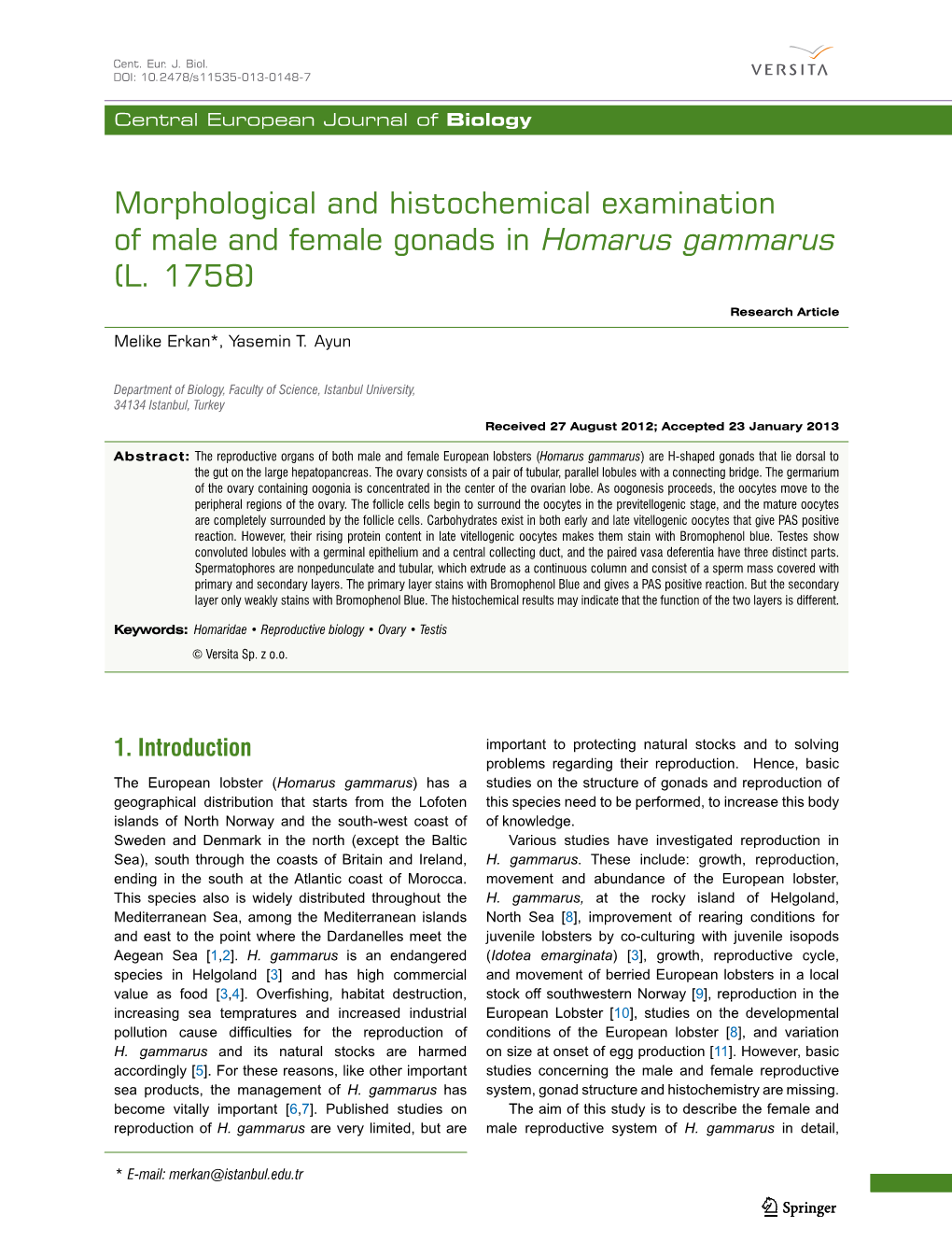 Morphological and Histochemical Examination of Male and Female Gonads in Homarus Gammarus (L