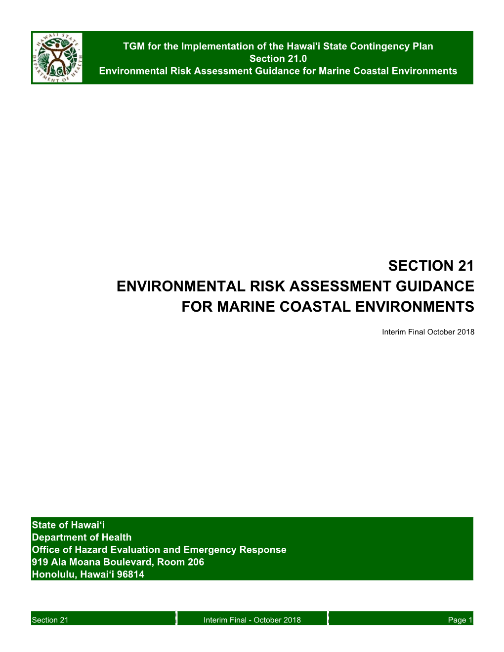 Section 21 Environmental Risk Assessment Guidance for Marine Coastal Environments