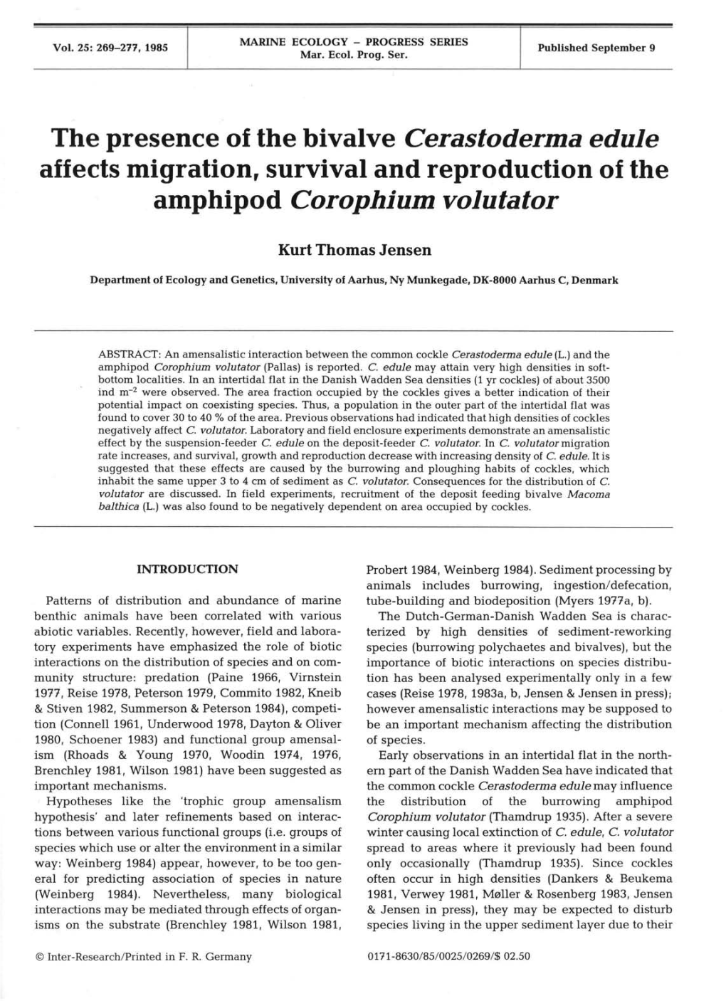 The Presence of the Bivalve Cerastoderma Edule Amphipod