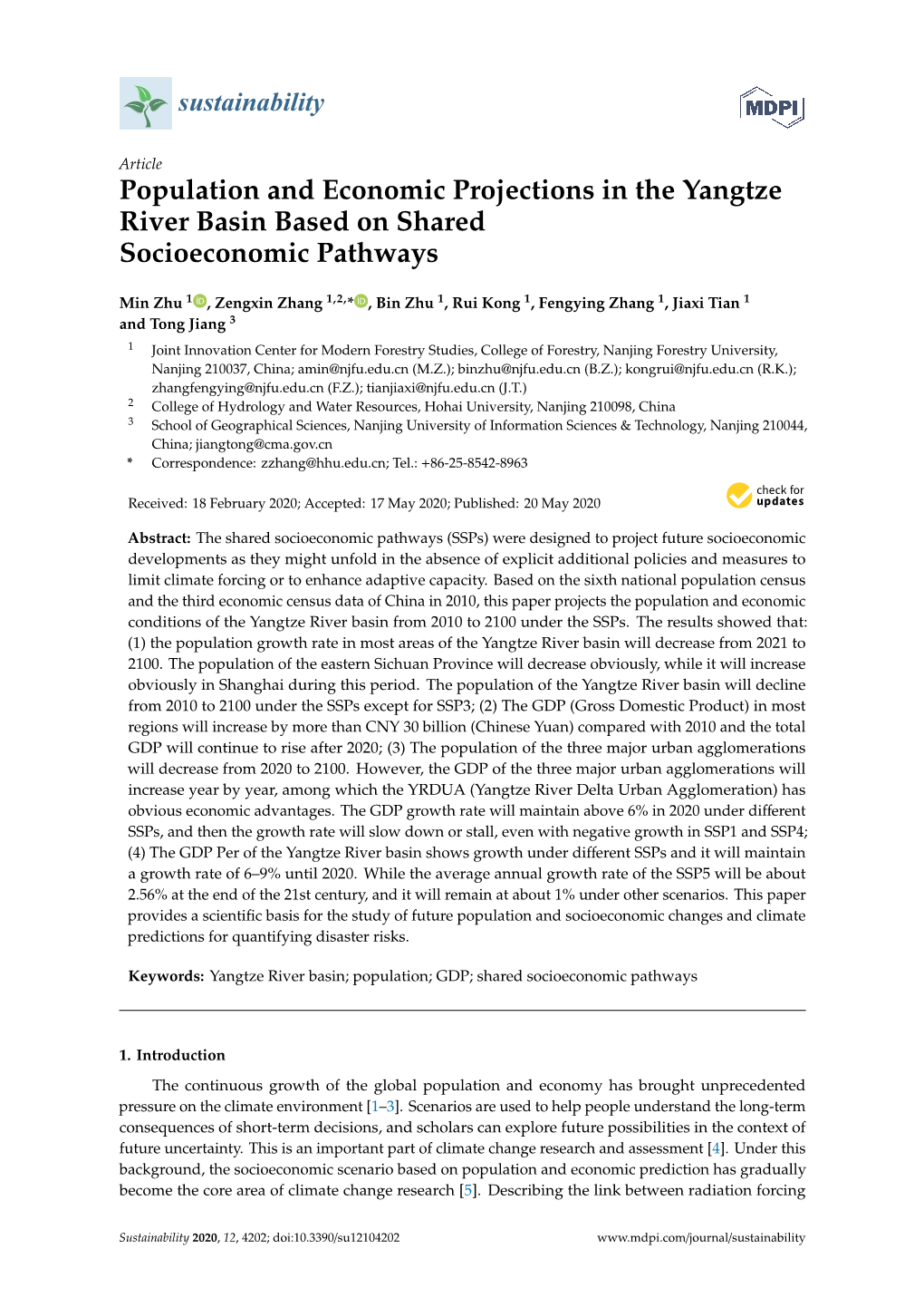 Population and Economic Projections in the Yangtze River Basin Based on Shared Socioeconomic Pathways