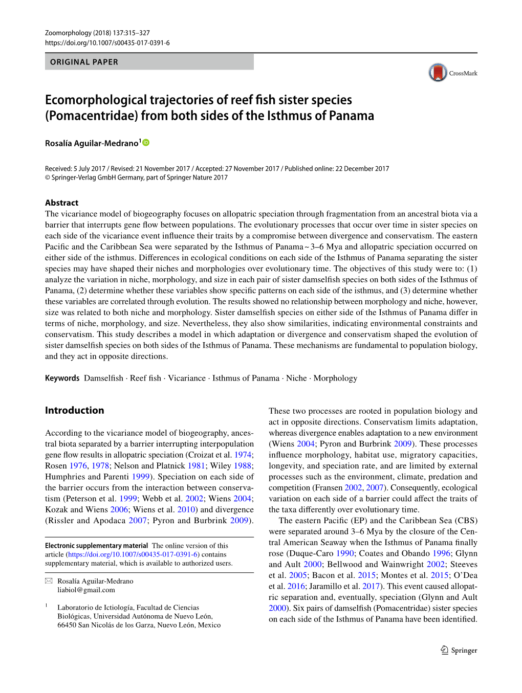 Ecomorphological Trajectories of Reef Fish Sister Species (Pomacentridae) from Both Sides of the Isthmus of Panama