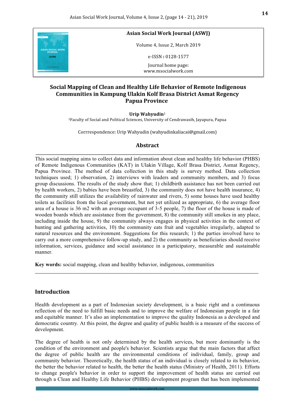 Social Mapping of Clean and Healthy Life Behavior of Remote Indigenous Communities in Kampung Ulakin Kolf Brasa District Asmat Regency Papua Province