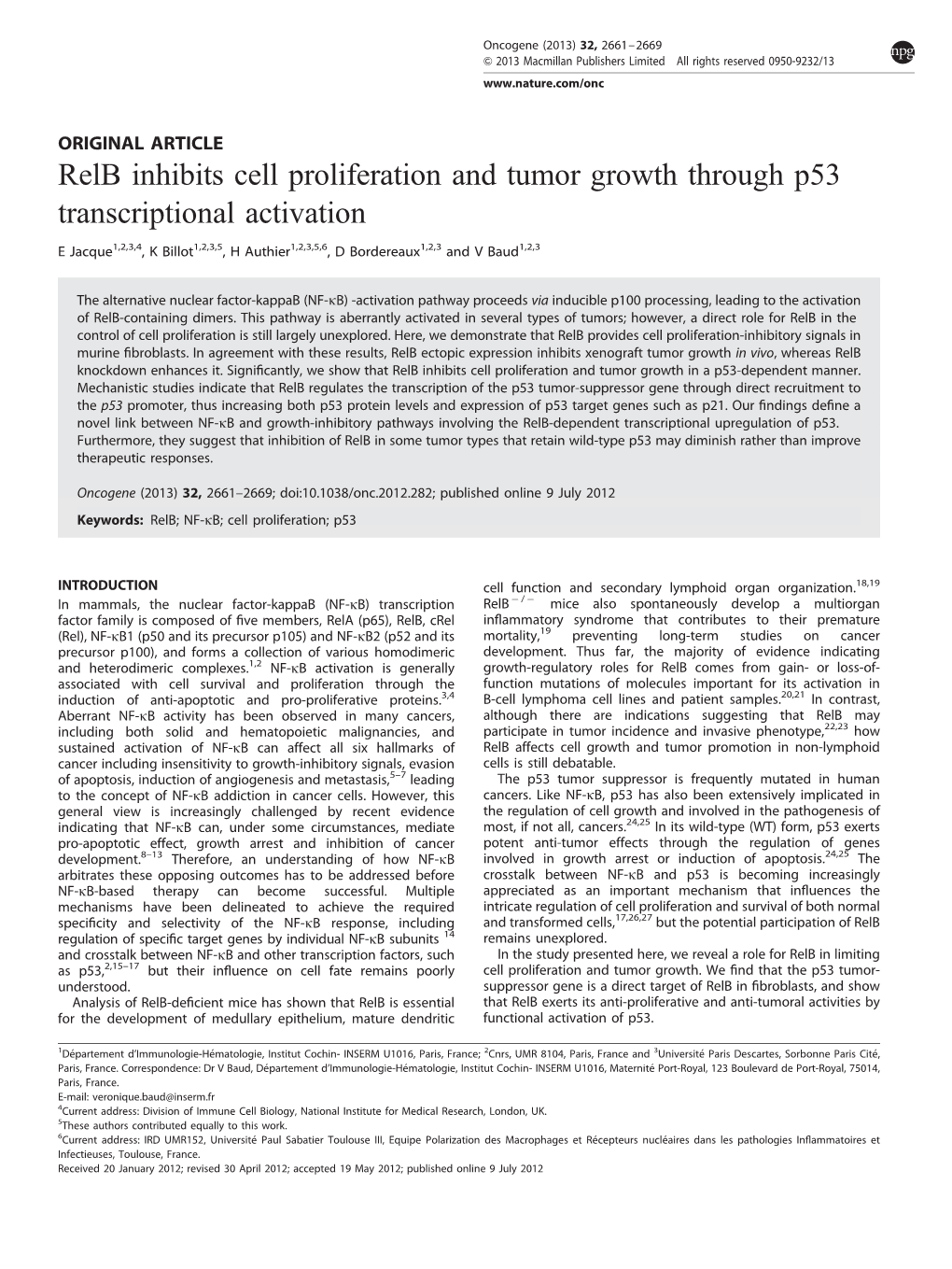 Relb Inhibits Cell Proliferation and Tumor Growth Through P53 Transcriptional Activation