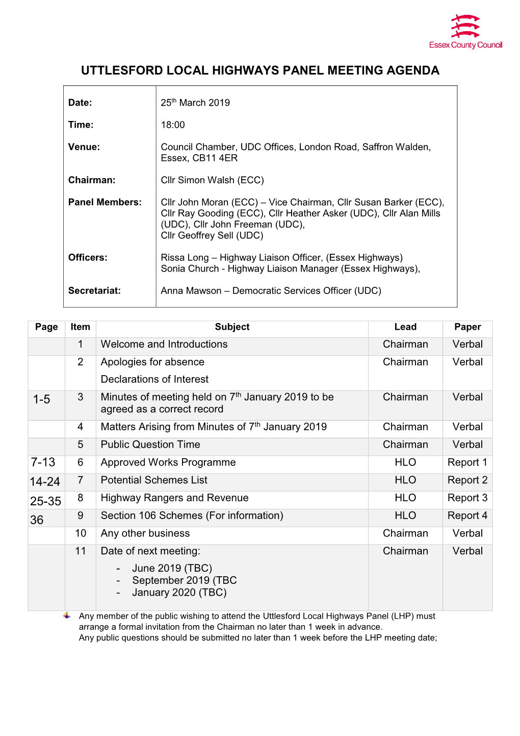 Uttlesford Local Highways Panel Meeting Agenda 7-13