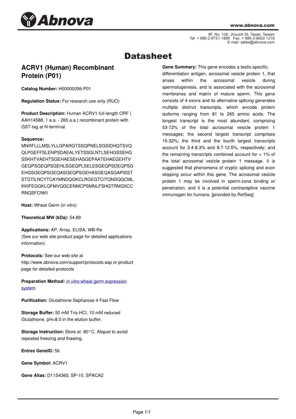 ACRV1 (Human) Recombinant Protein (P01)