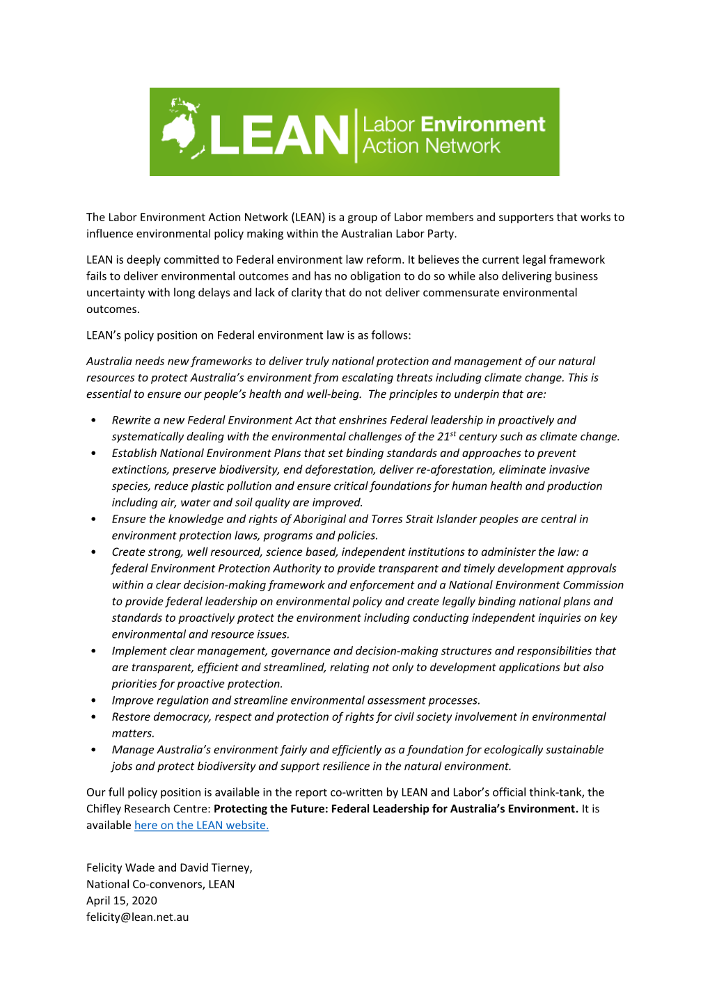 LEAN) Is a Group of Labor Members and Supporters That Works to Influence Environmental Policy Making Within the Australian Labor Party