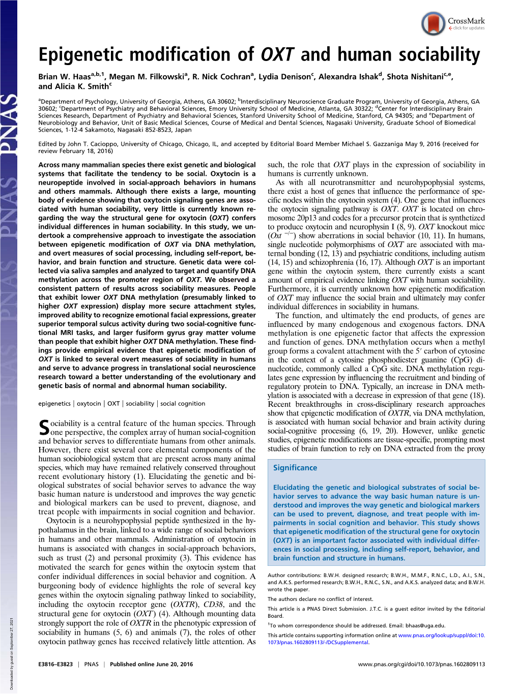 Epigenetic Modification of OXT and Human Sociability