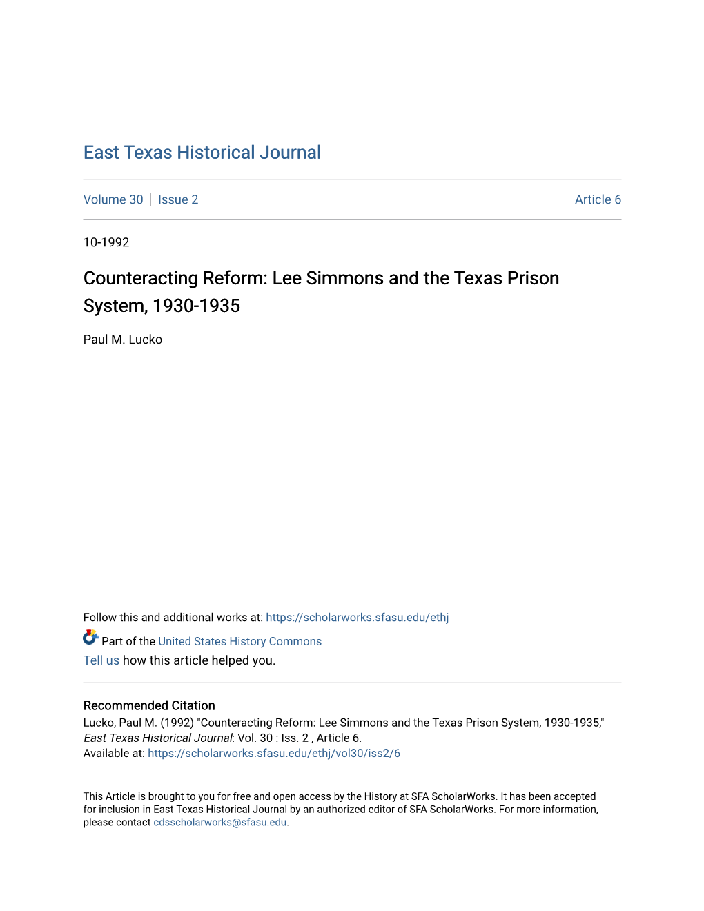 Lee Simmons and the Texas Prison System, 1930-1935