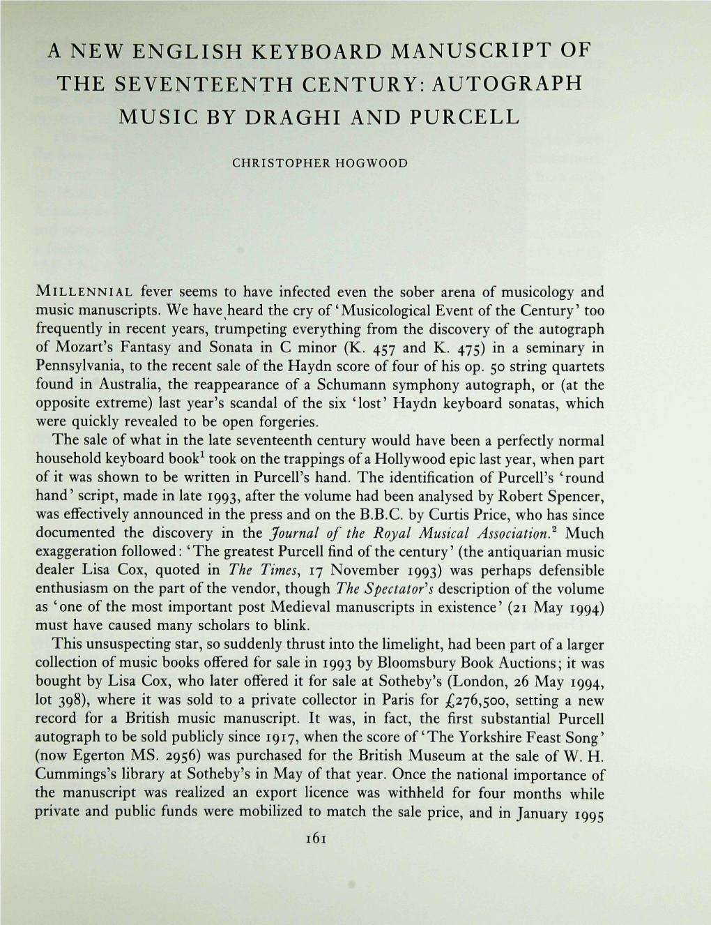 A New English Keyboard Manuscript of the Seventeenth Century: Autograph Music by Draghi and Purcell