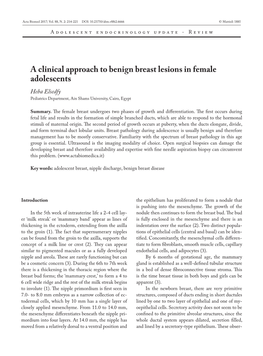 A Clinical Approach to Benign Breast Lesions in Female Adolescents Heba Elsedfy Pediatrics Department, Ain Shams University, Cairo, Egypt
