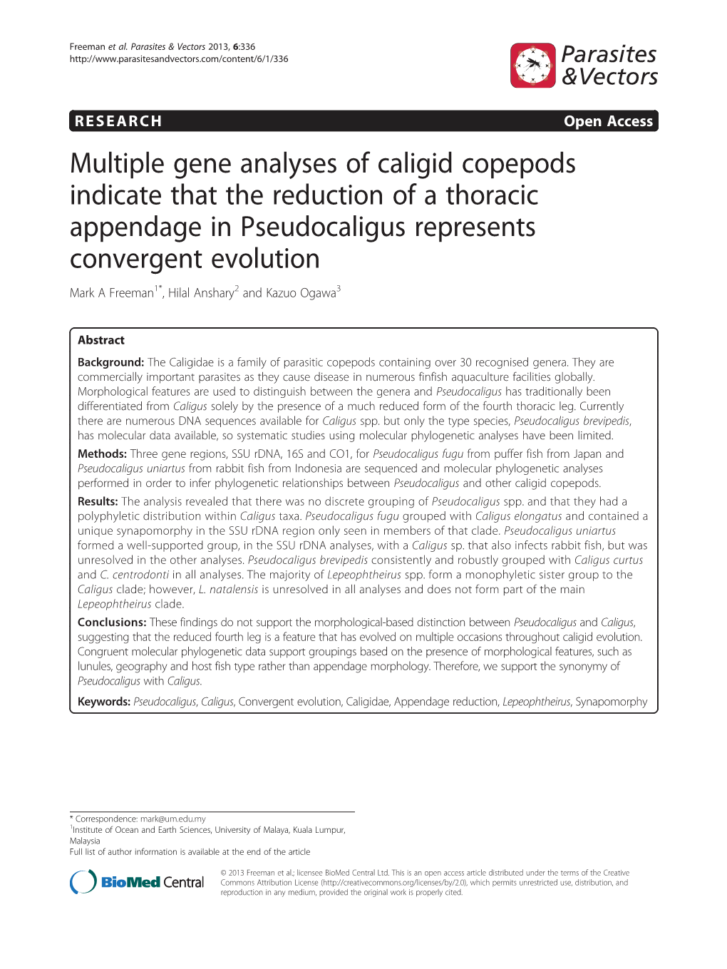 Multiple Gene Analyses of Caligid Copepods Indicate That the Reduction of a Thoracic Appendage in Pseudocaligus Represents Conve