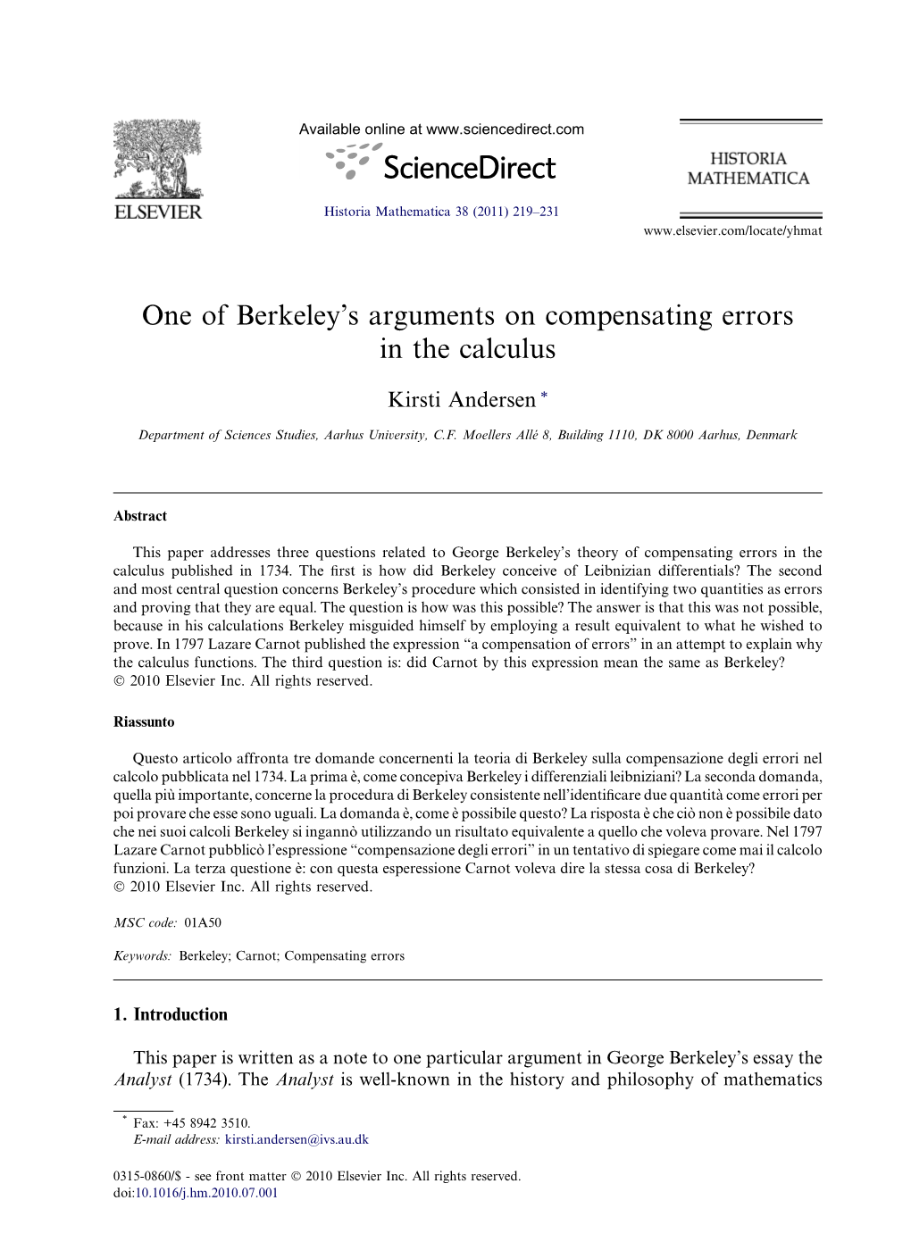 One of Berkeleyâ€™S Arguments on Compensating Errors in the Calculus