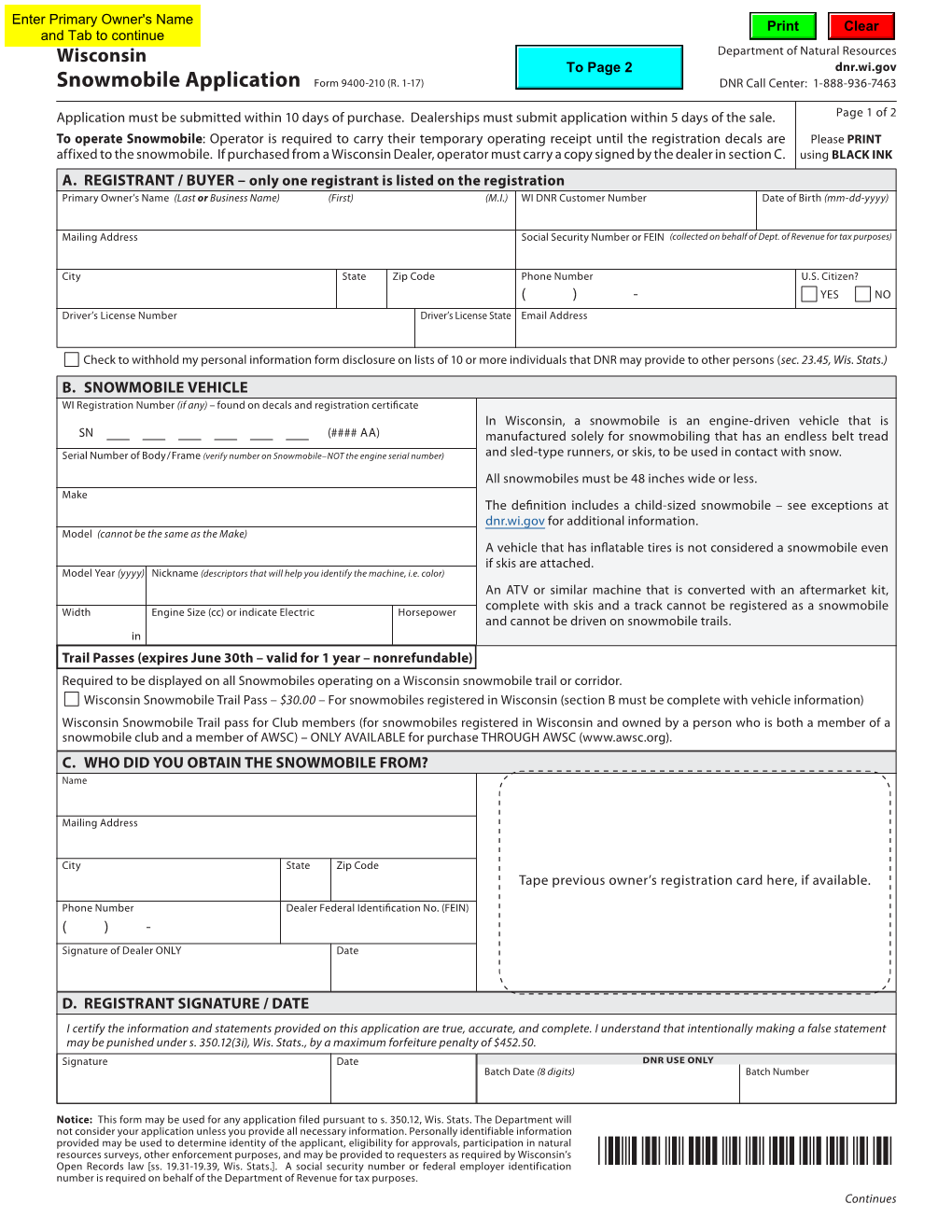 April 2020 Wisconsin Snowmobile Application (Form 9400-210)