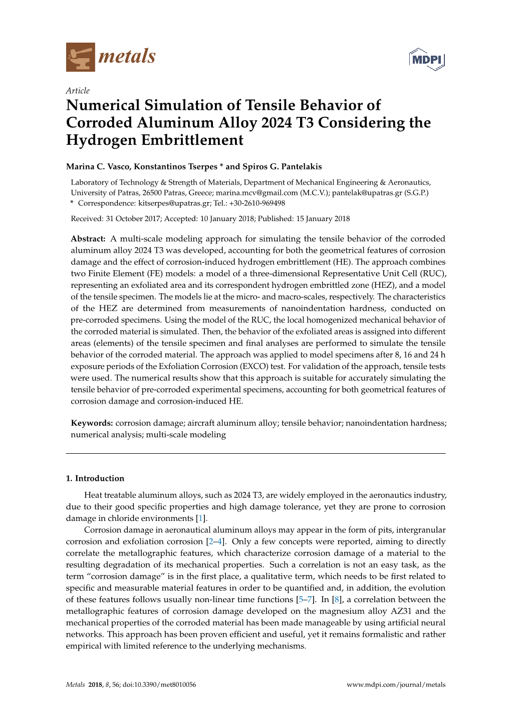 Numerical Simulation of Tensile Behavior of Corroded Aluminum Alloy 2024 T3 Considering the Hydrogen Embrittlement