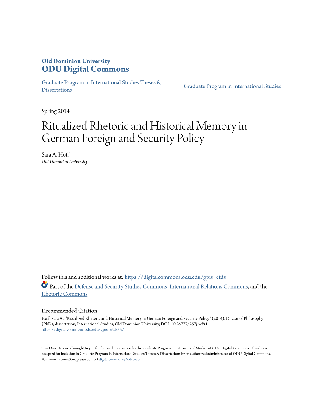 Ritualized Rhetoric and Historical Memory in German Foreign and Security Policy Sara A
