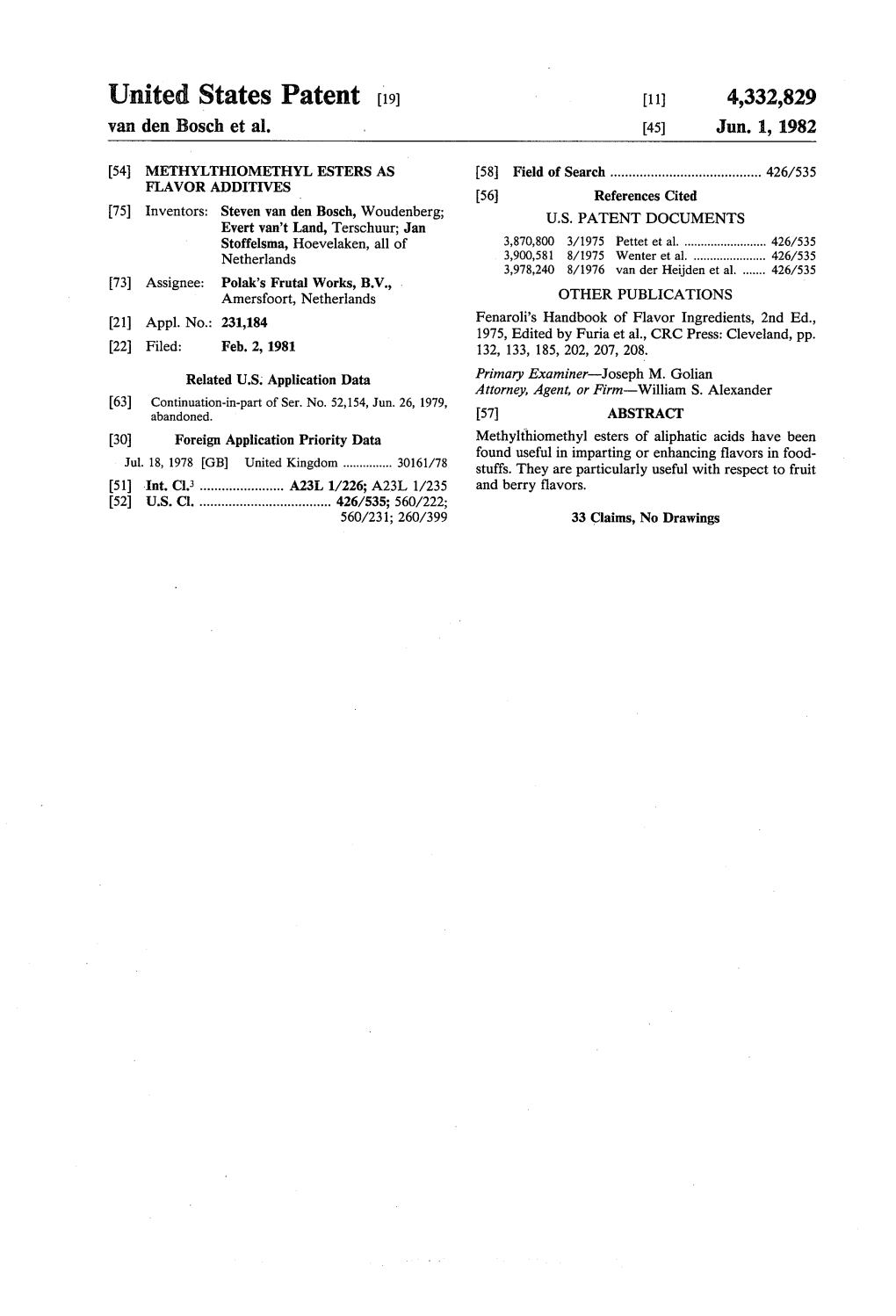 United States Patent (19) 11 4,332,829 Van Den Bosch Et Al