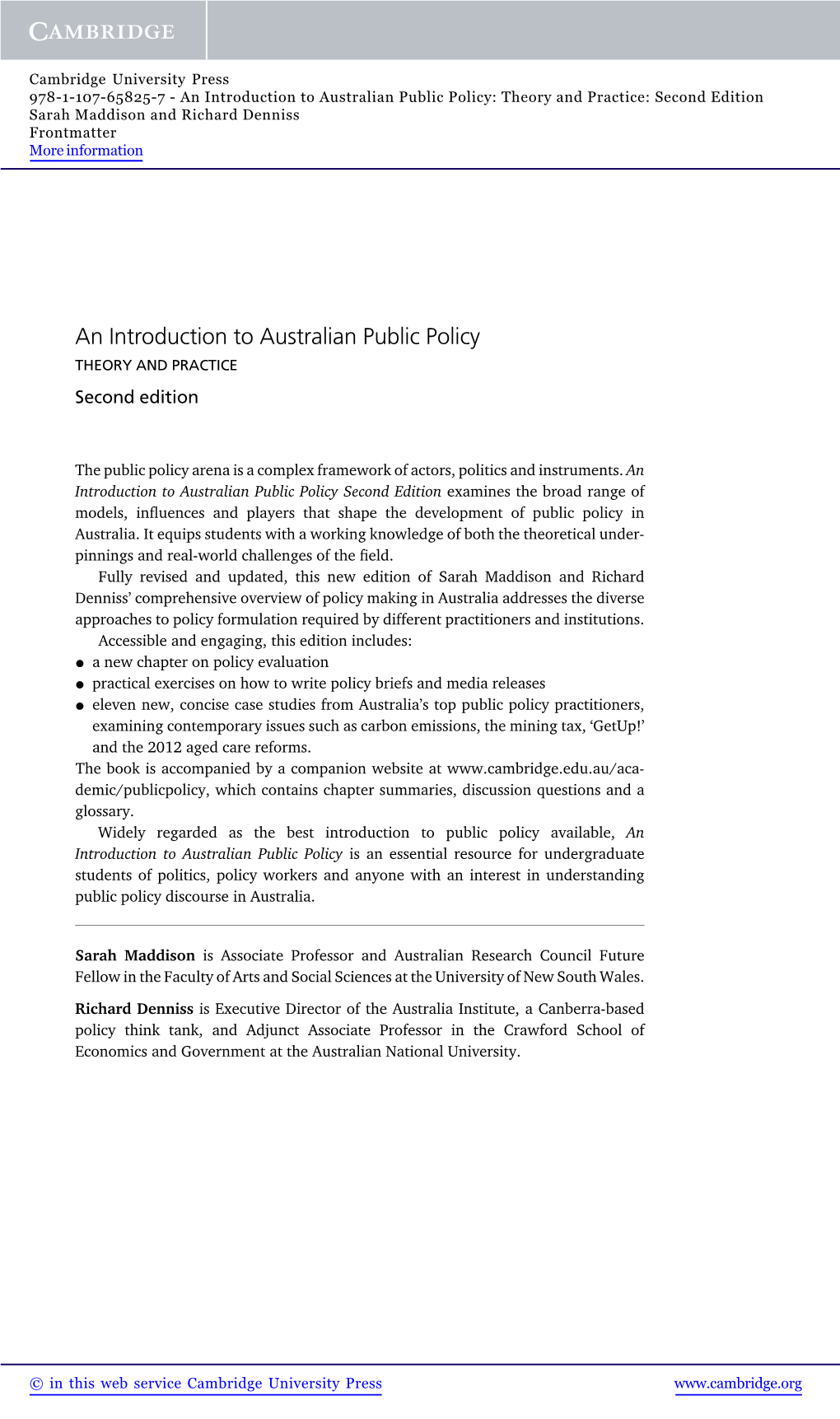 An Introduction to Australian Public Policy: Theory and Practice: Second Edition Sarah Maddison and Richard Denniss Frontmatter More Information