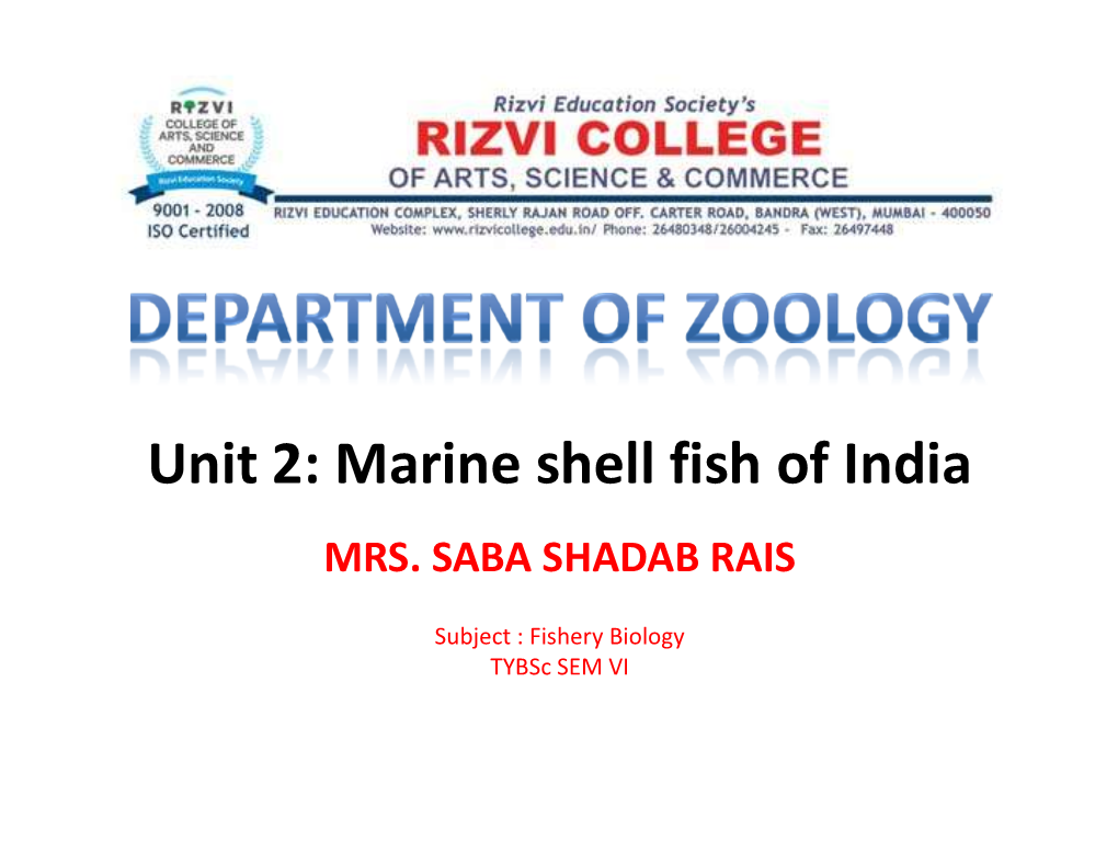 Unit 2: Marine Shell Fish of India MRS